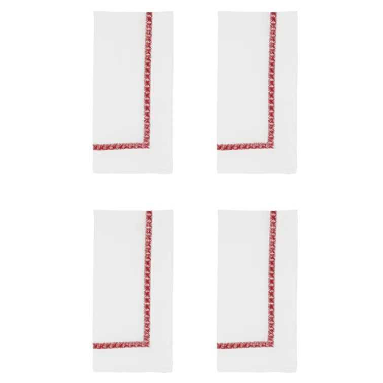 Burgundy Embroidered Border Cotton Cocktail Napkins, Set of 4