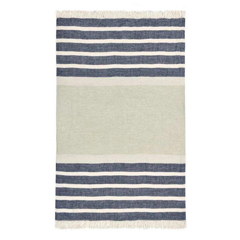 Blue Linen Striped Handwoven Throw Blanket with Fringe