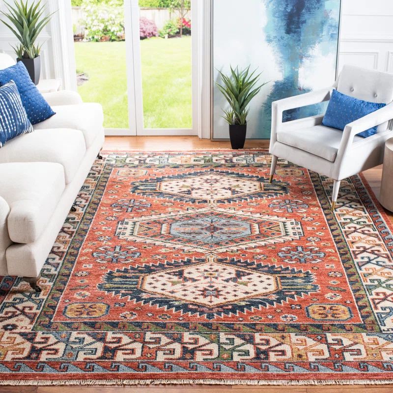 Hand-Knotted Red and Beige Wool Oriental Area Rug 6' x 9'