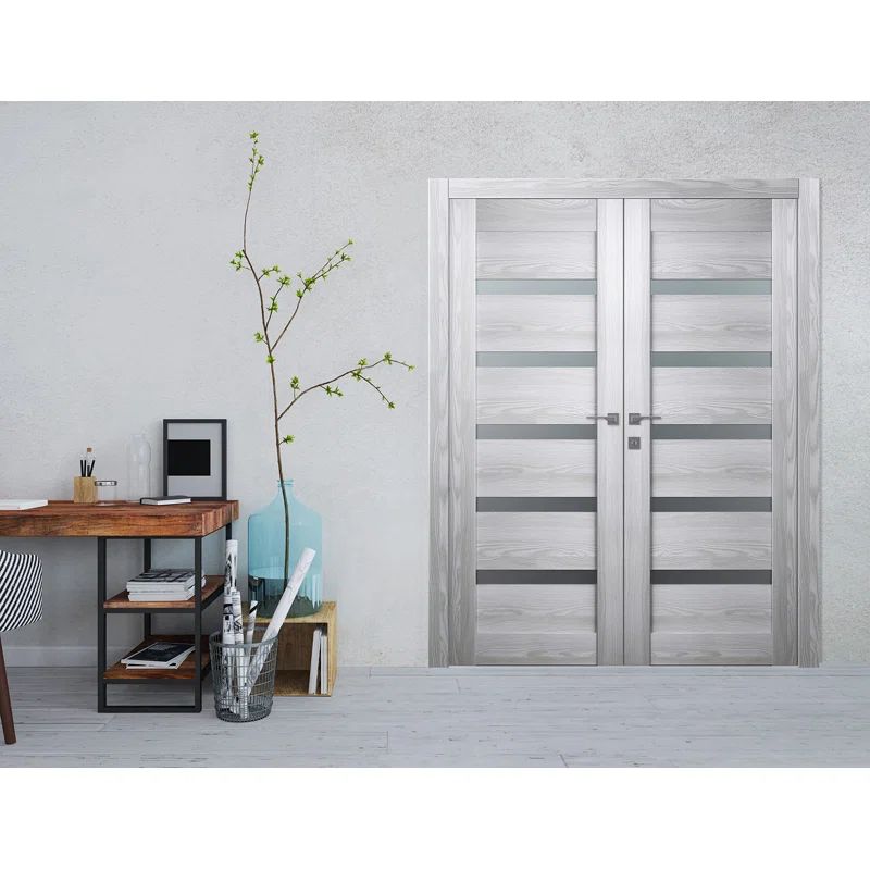 Light Gray Pine and Frosted Glass Double Prehung French Door