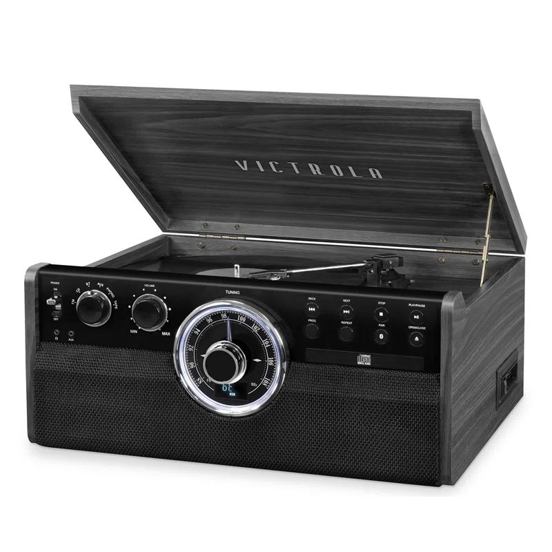 Gray Mid Century Modern Bluetooth Record Player with AM/FM Radio