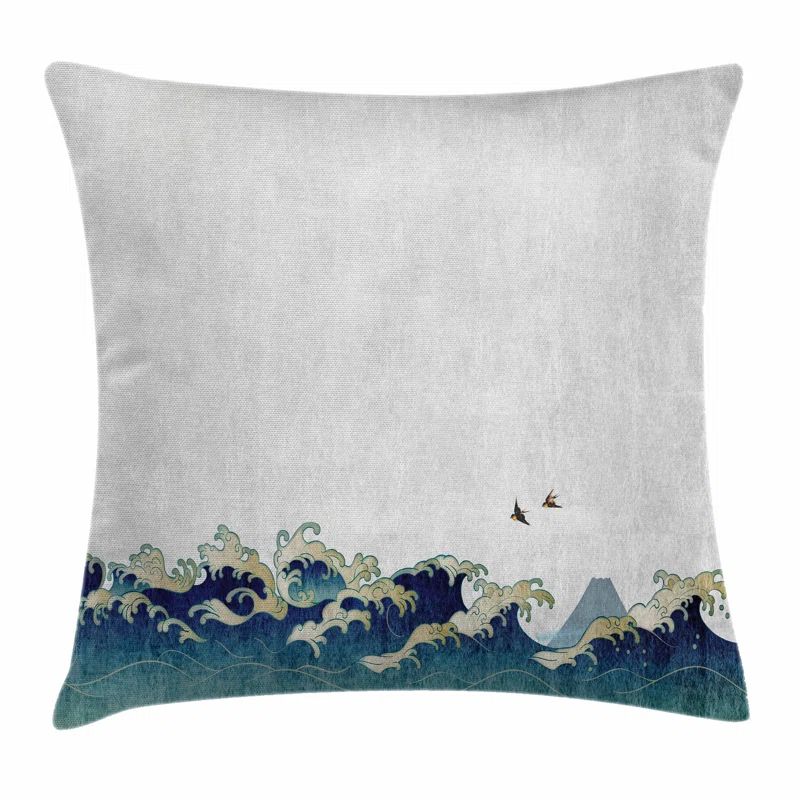 Modern Japanese Wave Polyester Throw Pillow, 16 x 16 Inches