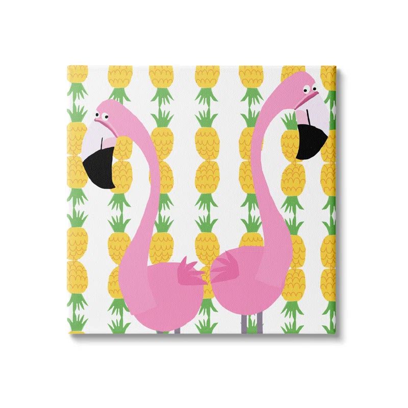 Pink Flamingo Pair Pineapple Stripe Canvas Wall Art, 17" x 17"