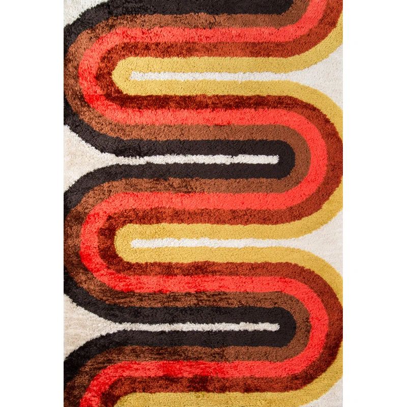 Retro Red and Yellow Hand-Tufted Shag Runner Rug