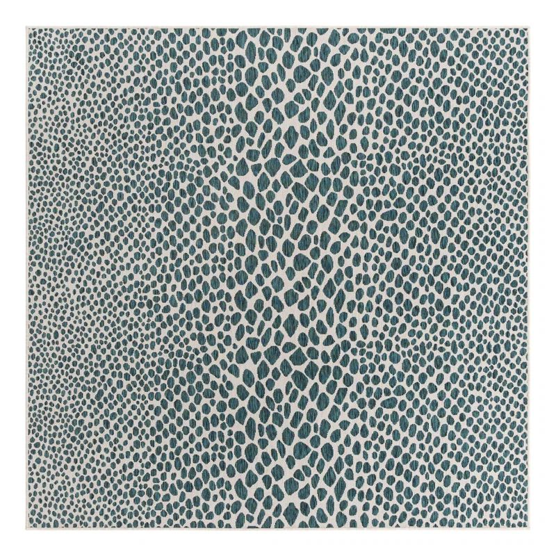 Teal and Ivory Square Synthetic Outdoor Rug, 8 ft