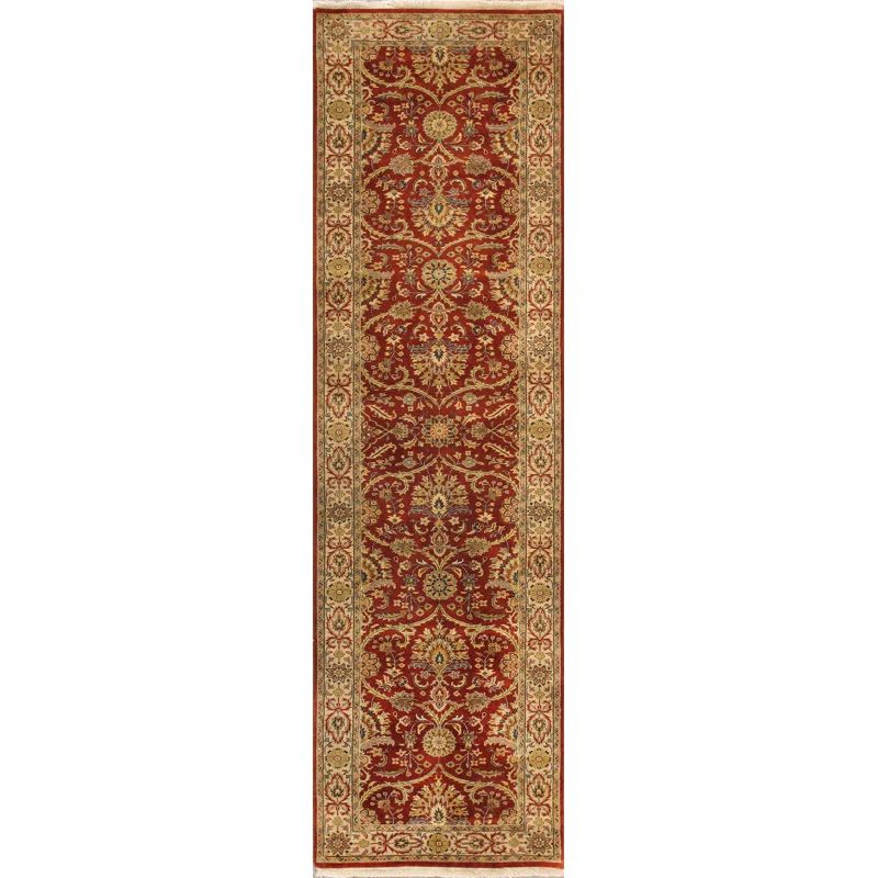 Baku Hand-Knotted Wool and Silk Floral Runner Rug in Rust and Ivory