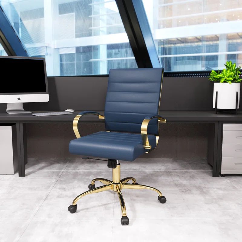 Navy Blue Mid-Century Modern Swivel Leather Office Chair with Gold Metal Frame