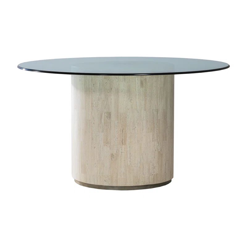 Beige Travertine and Glass Round Dining Table, 60 inch