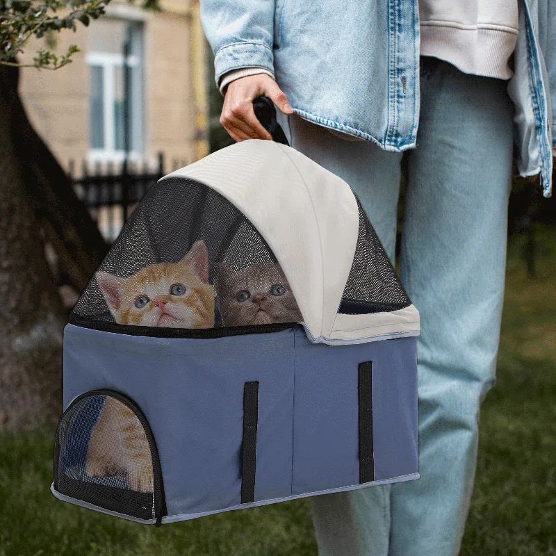 Navy Blue Foldable Steel Frame Dog Stroller with Storage