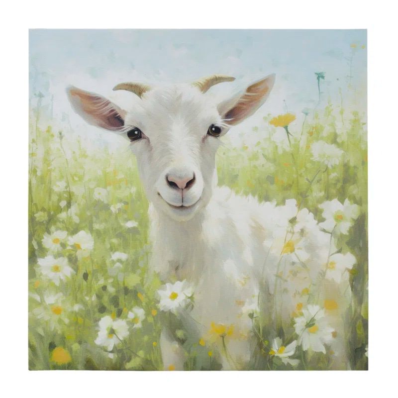 16" Square Multicolor Canvas Wall Art with Goat in Flower Field