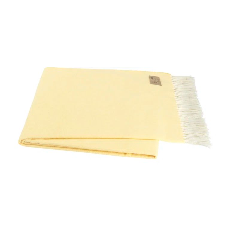 Butter Herringbone Wool Throw Blanket with Decorative Fringe