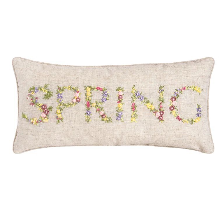 Spring Beige Embroidered Floral Rectangular Throw Pillow