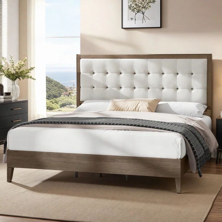 Ash Gray Queen Wood Platform Bed with Tufted Linen Headboard