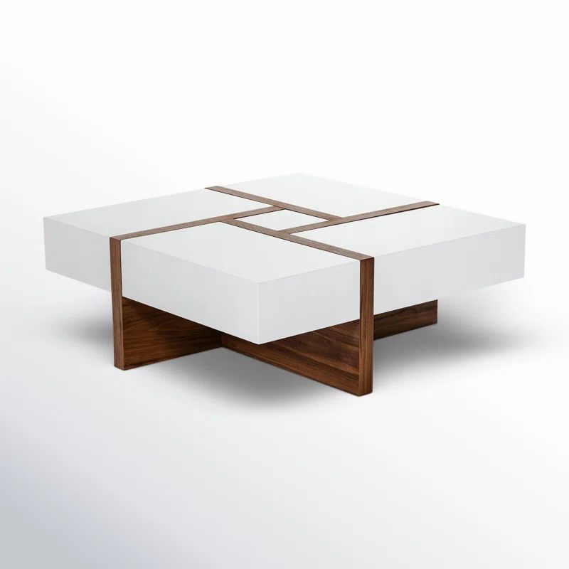 White and Walnut Square Wood Coffee Table with Storage