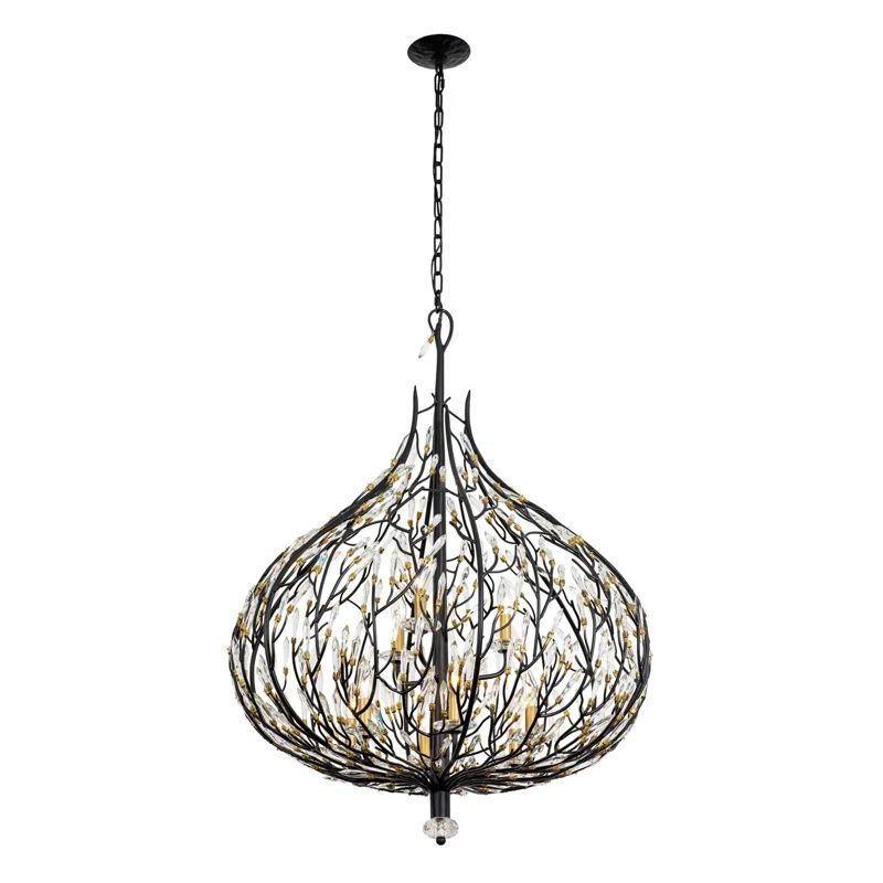 42" Matte Black and Gold Crystal Teardrop Pendant Light