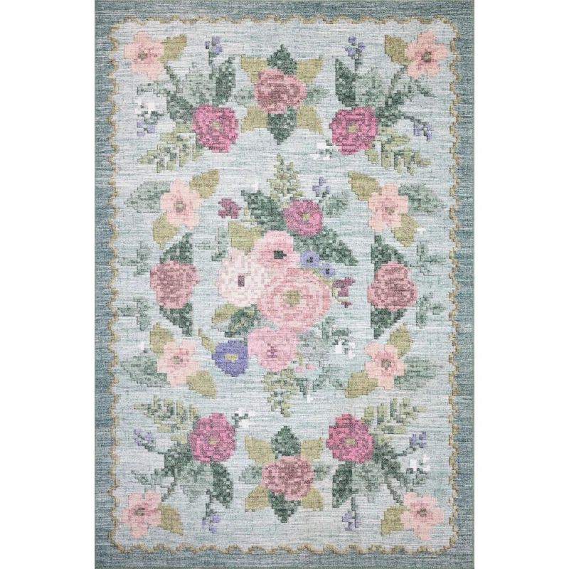 Sky Blue Floral Polyester Runner Rug, 2'-6" x 7'-6"