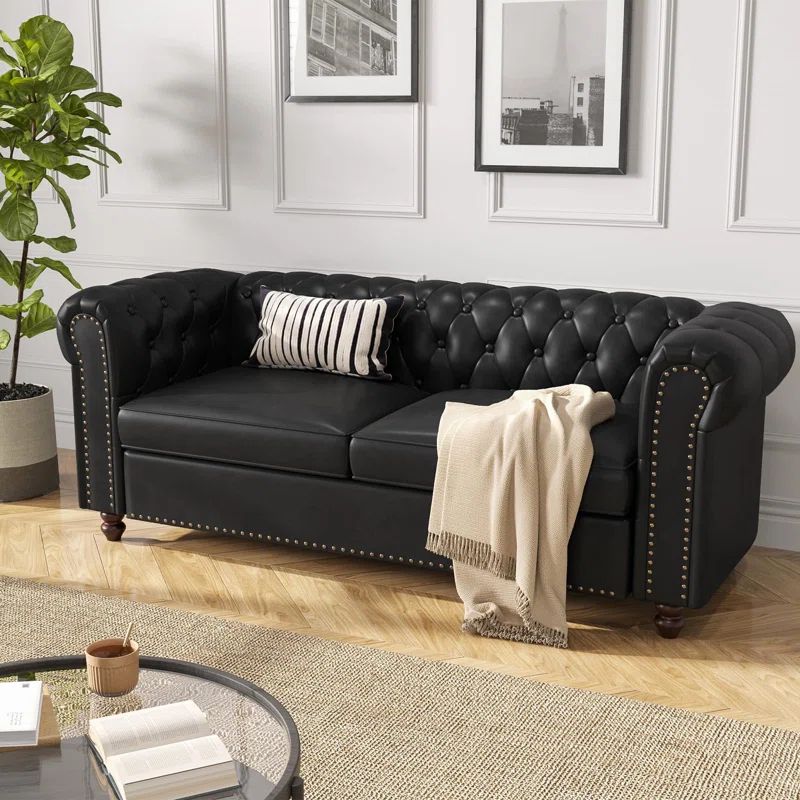 72 Inch Black Faux Leather Chesterfield Sofa with Wooden Legs