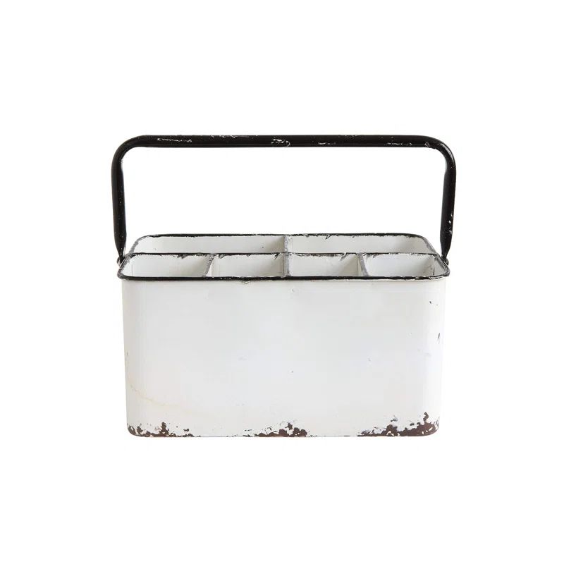 Distressed White Metal Caddy with Six Compartments and Handle
