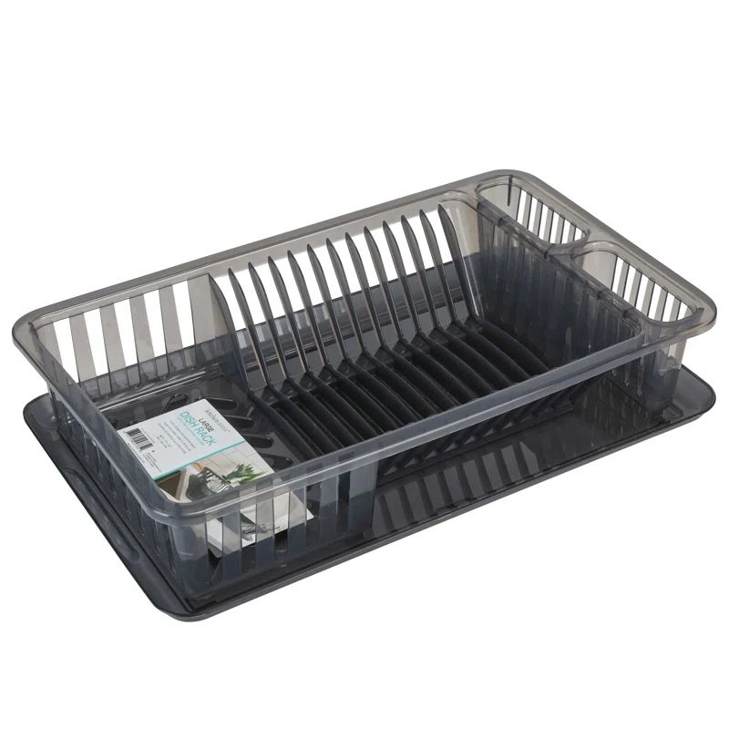 Smoke Gray Plastic Dish Rack with Utensil Cup and Tray
