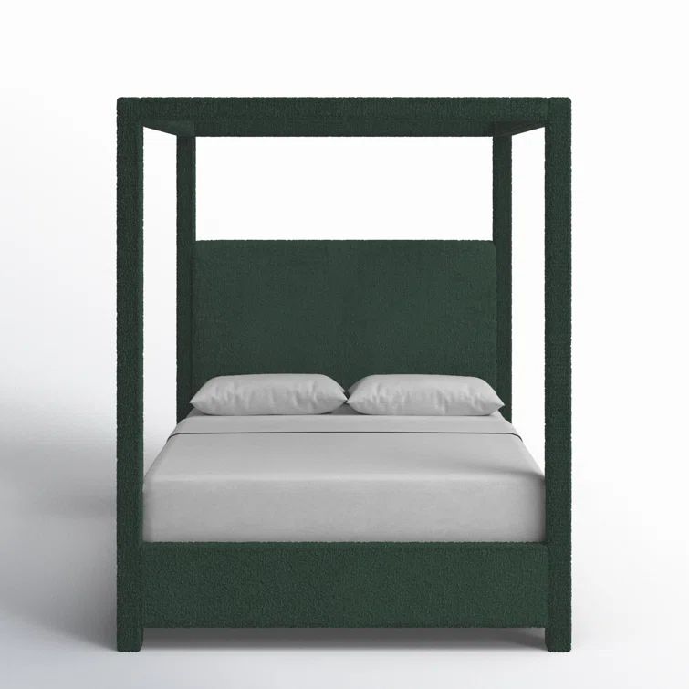 Green Boucle Fabric Upholstered Queen Canopy Bed with Wood Frame