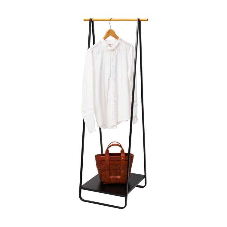 Slim Black Steel Freestanding Hanger Rack with Shelf