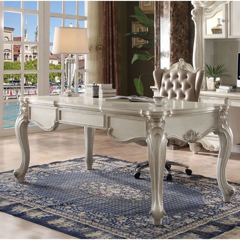 Executive White Wood Desk with Drawer and Filing Cabinet