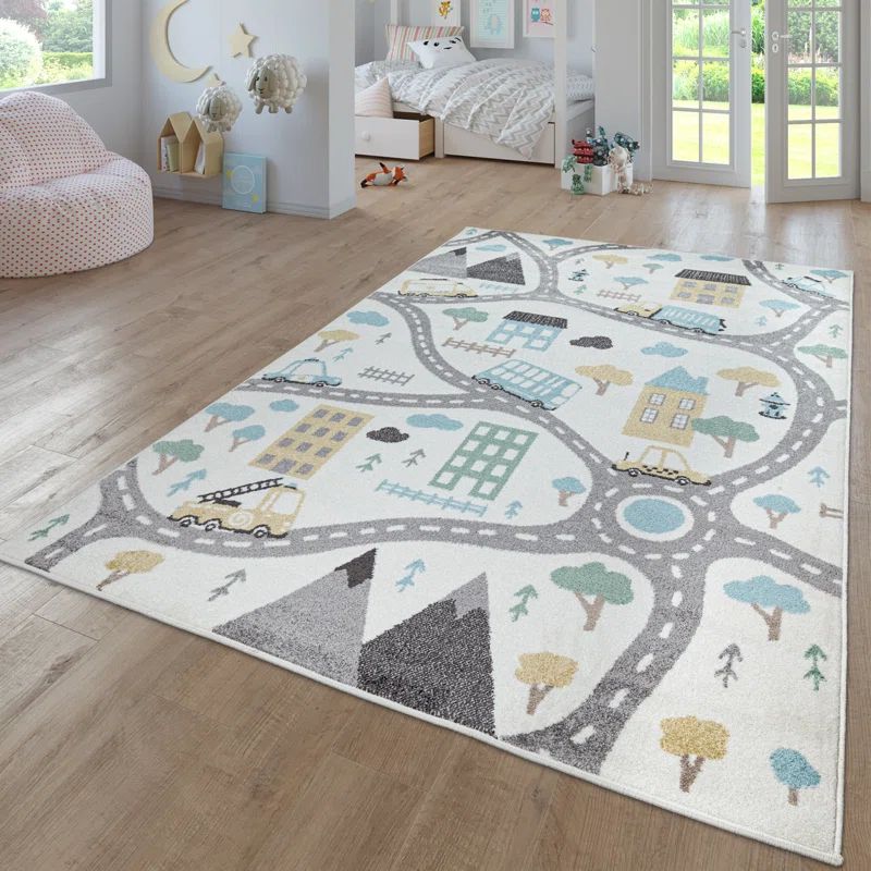 Pastel Town Adventure Kids Rug with Streets and Cars Motif