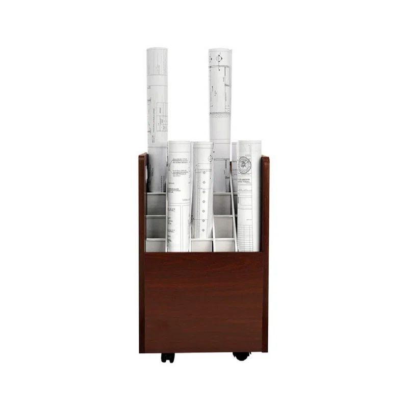 Mahogany Wood 20-Slot Mobile Blueprint Organizer with Swivel Casters