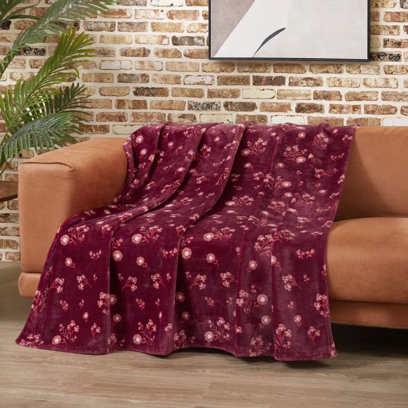 Red Floral Microfiber Reversible Throw Blanket 50" x 70"