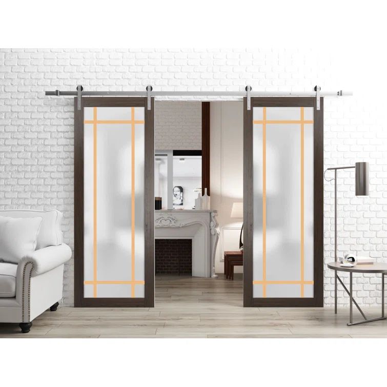 Chocolate Ash Frosted Glass Double Barn Doors with Stainless Steel Hardware