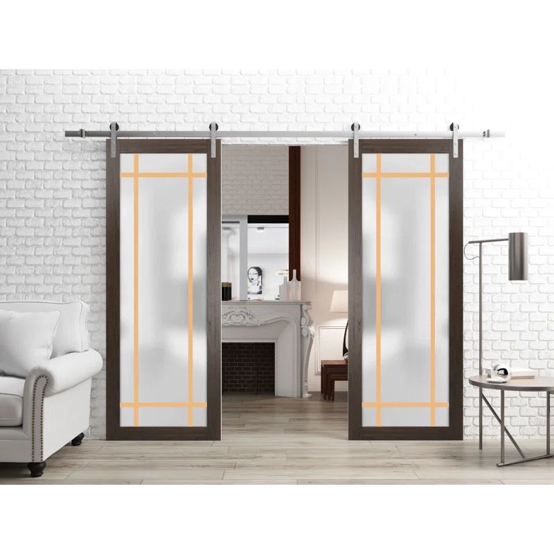 Chocolate Ash Frosted Glass Double Barn Doors with Stainless Steel Hardware