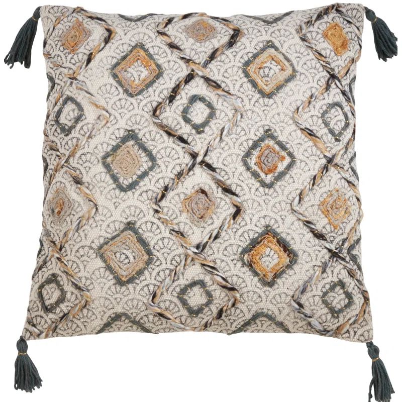 Clay Embroidered Geometric Diamond Pillow with Tassels, 22" Square