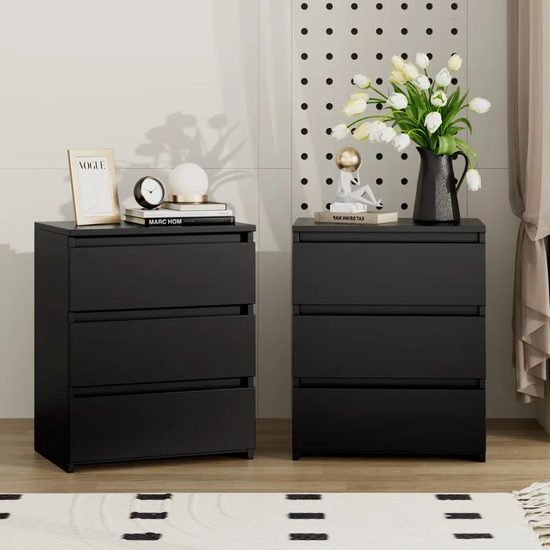 Black 3-Drawer Rectangular Nightstand Set of 2