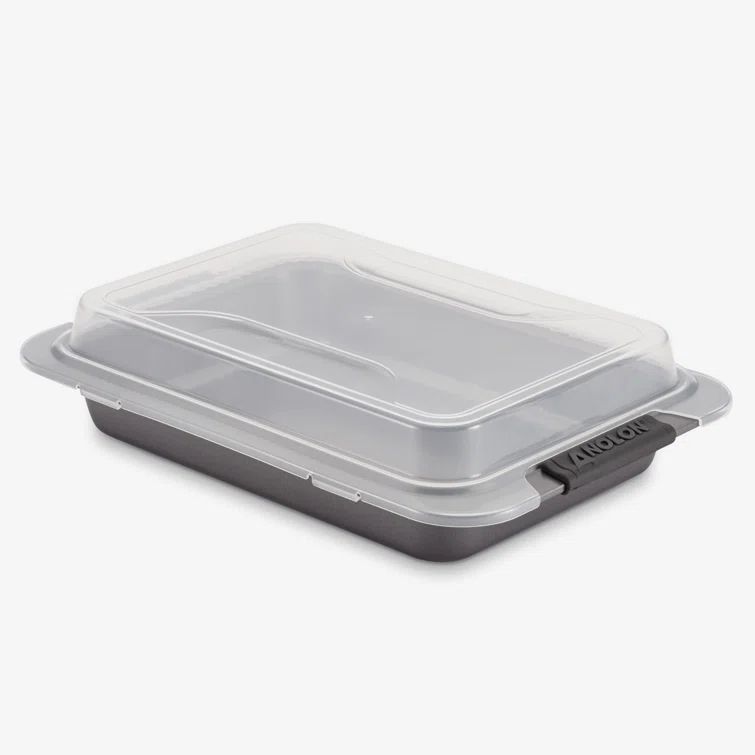 Gray Nonstick Rectangular Cake Pan with Silicone Grips and Lid