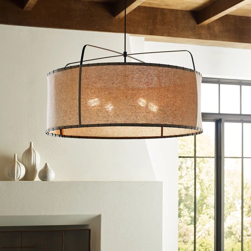 Dunne Aged Iron Drum Pendant with Natural Linen Shade