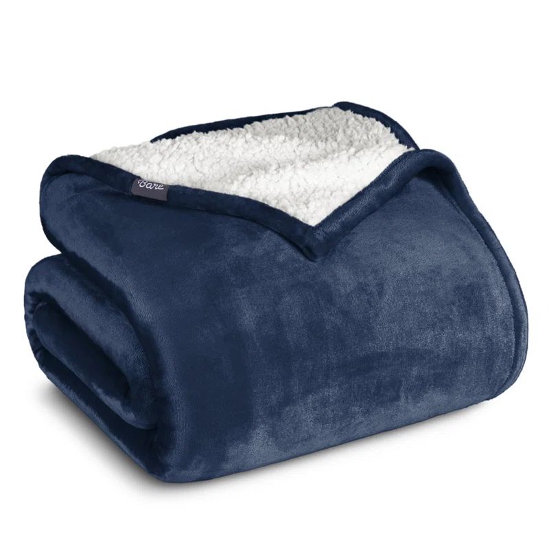 Dark Blue Reversible Sherpa Fleece Throw Blanket