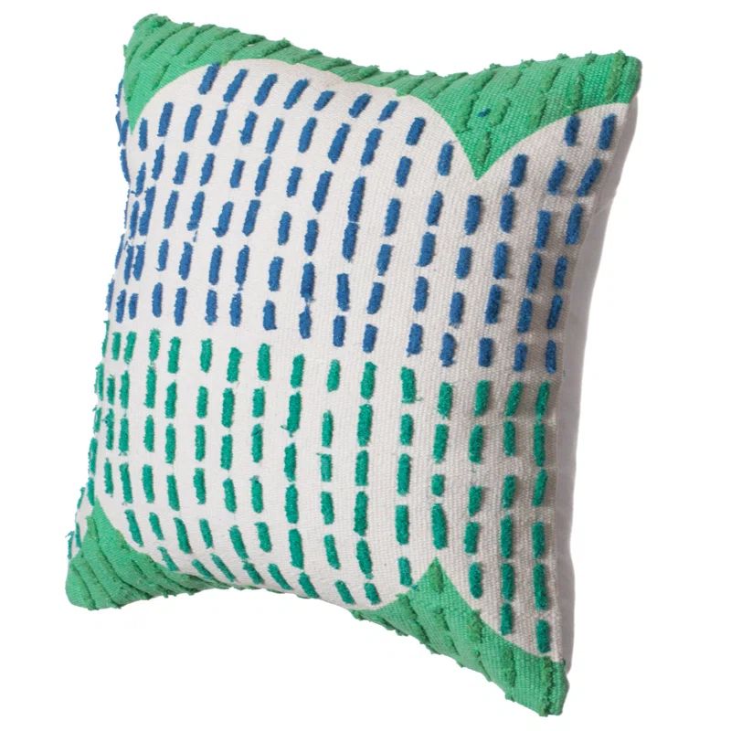 16" Green Handwoven Cotton Euro Pillow Cover with Ribbed Line Dots