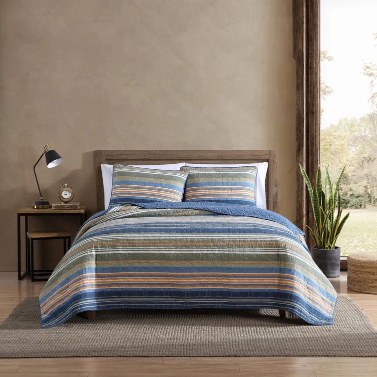 King Size Blue Cotton Reversible Quilt Set with Shams