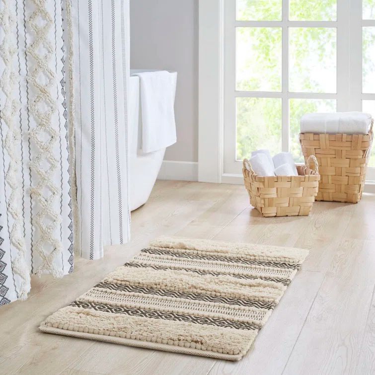 Nordic Shaggy Beige and Black Cotton Blend Bathroom Rug