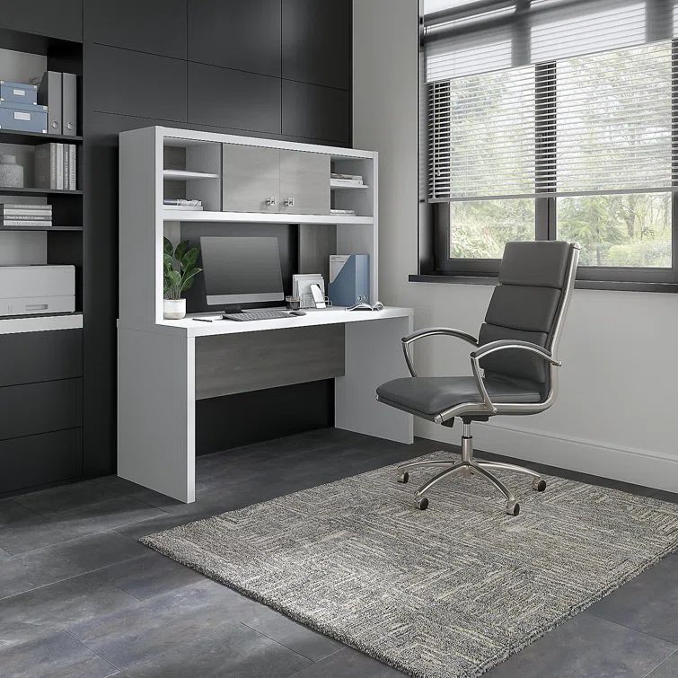 Modern Gray and White Wood Desk with Hutch and Drawers