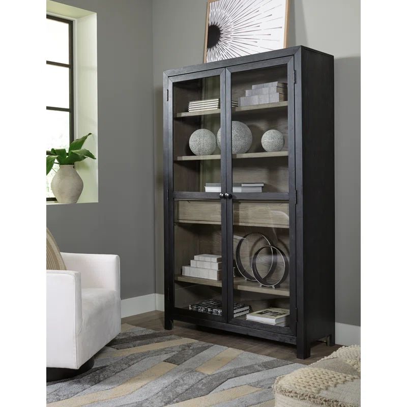 Black and Gray Transitional 76" Wood Accent Cabinet with Adjustable Shelving