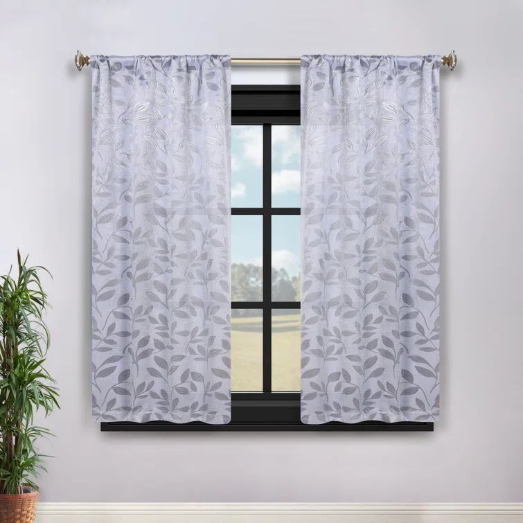 Superior Silver Polyester Blackout Curtains with Leaf Design, 26" x 63"