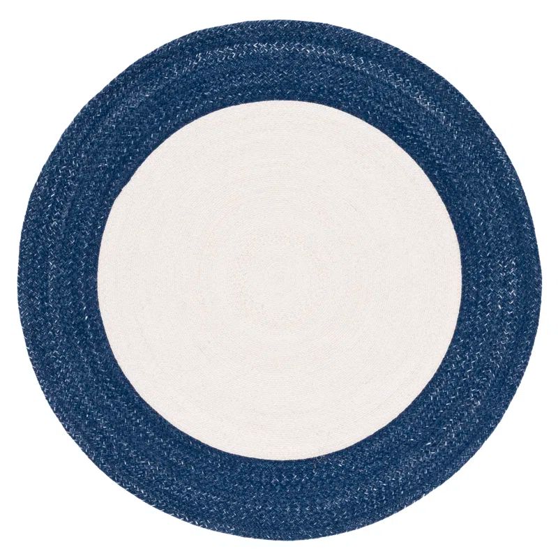 Ivory and Navy Braided Round Synthetic Rug, 4' Diameter