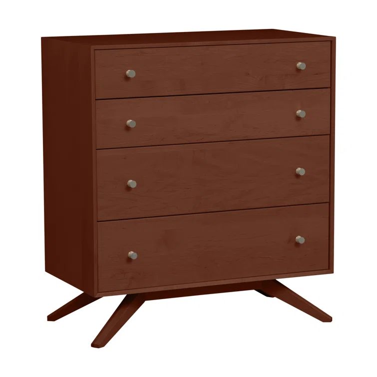 Cognac Cherry Astrid 4-Drawer Mid-Century Dresser with Silver Handles