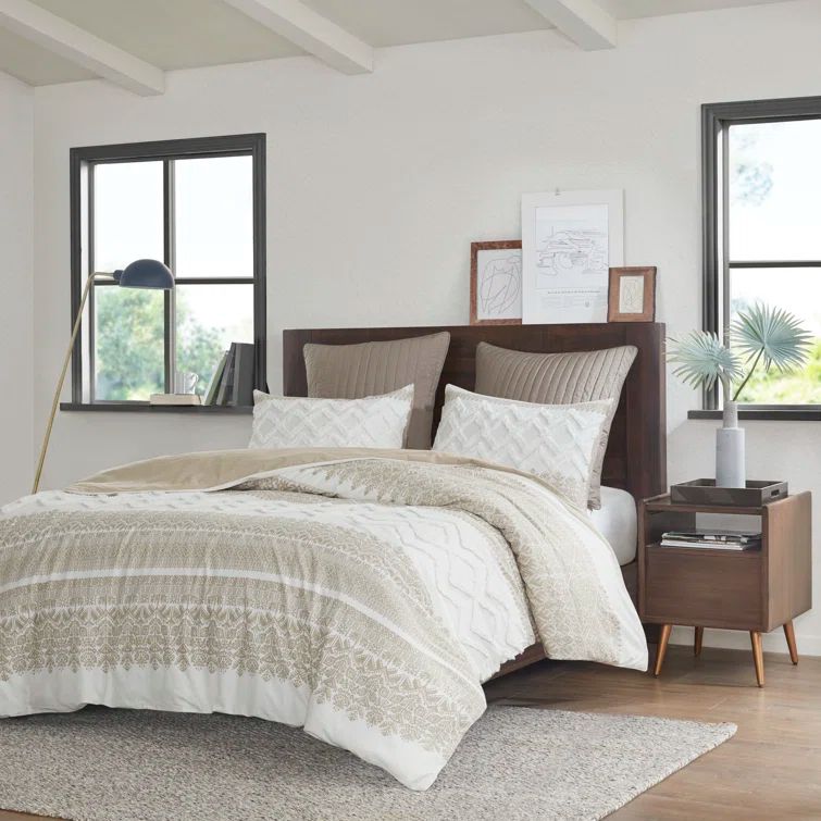 Taupe Cotton King/California King Duvet Cover Set with Textured Accent