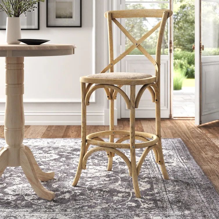 Larghetto Elm Wood and Rattan Country Charm Barstool, Gray