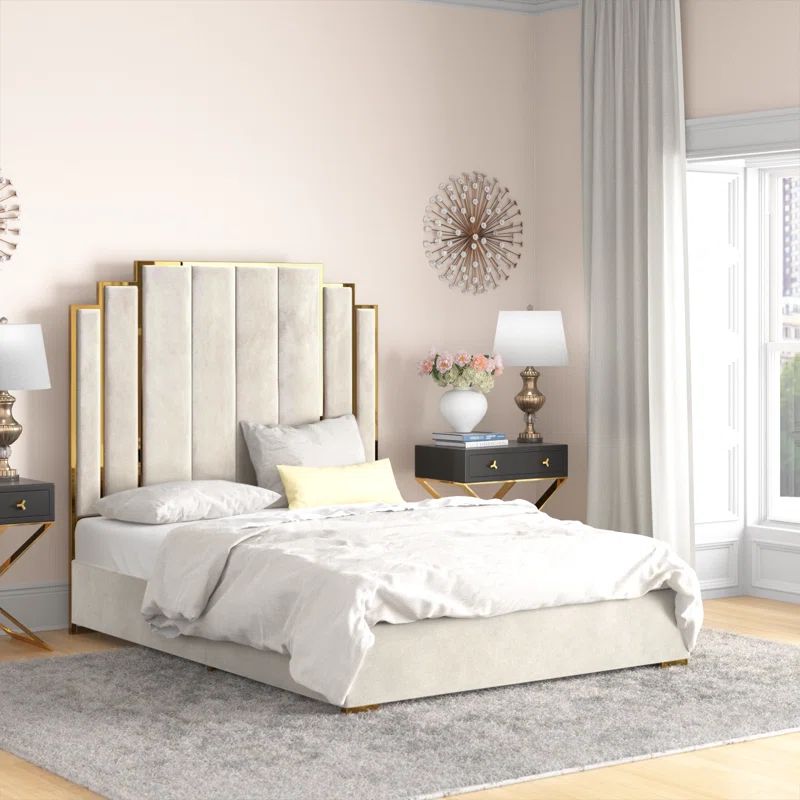 Cream Velvet Queen Bed Frame with Gold Trim and Upholstered Headboard
