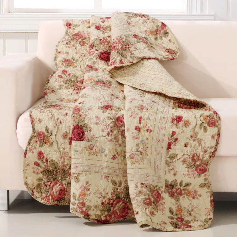 Classic Garden Rose Quilted Throw in Ecru Cotton 50"x60"