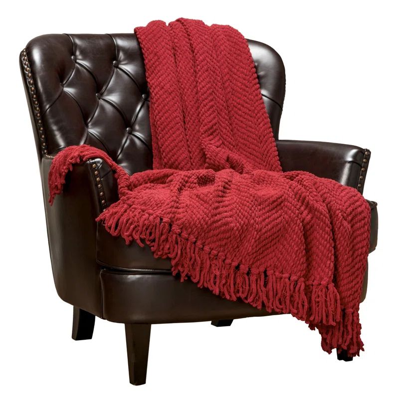Maroon Red Textured Knit Acrylic Throw Blanket with Tassels - 50" x 65"