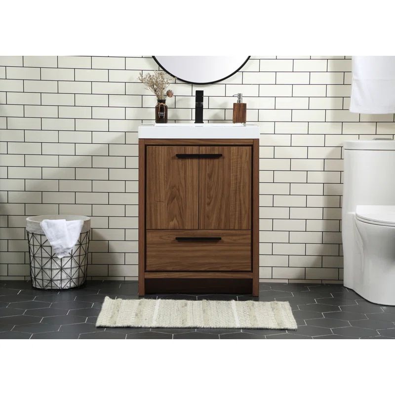 Walnut Brown MDF Single Bathroom Vanity with White Resin Top